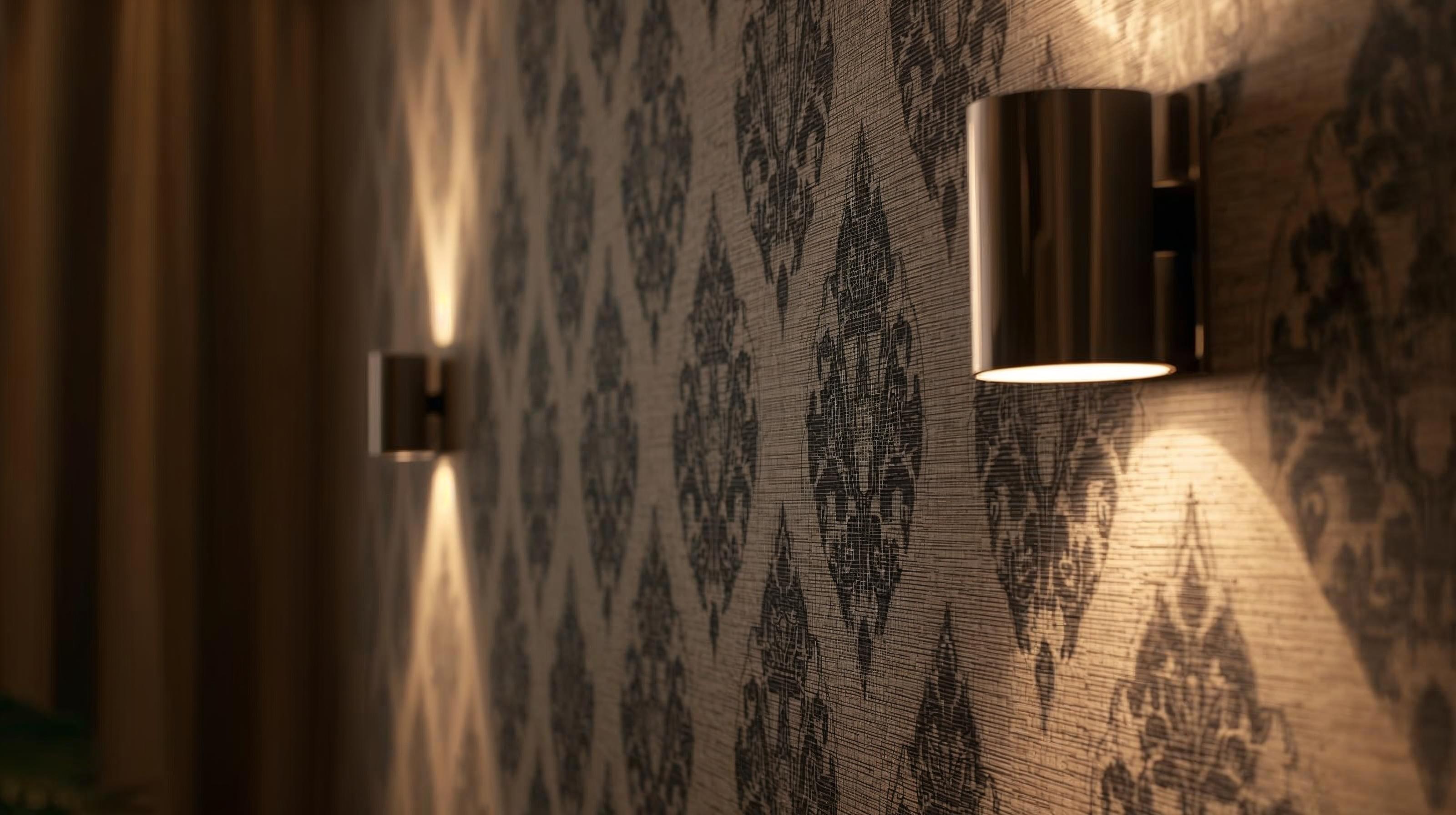 wallpaper on an interior designed wall with modern wall-lights
